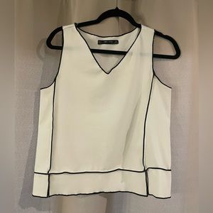 Zara White Sleeveless Top with Black Piping